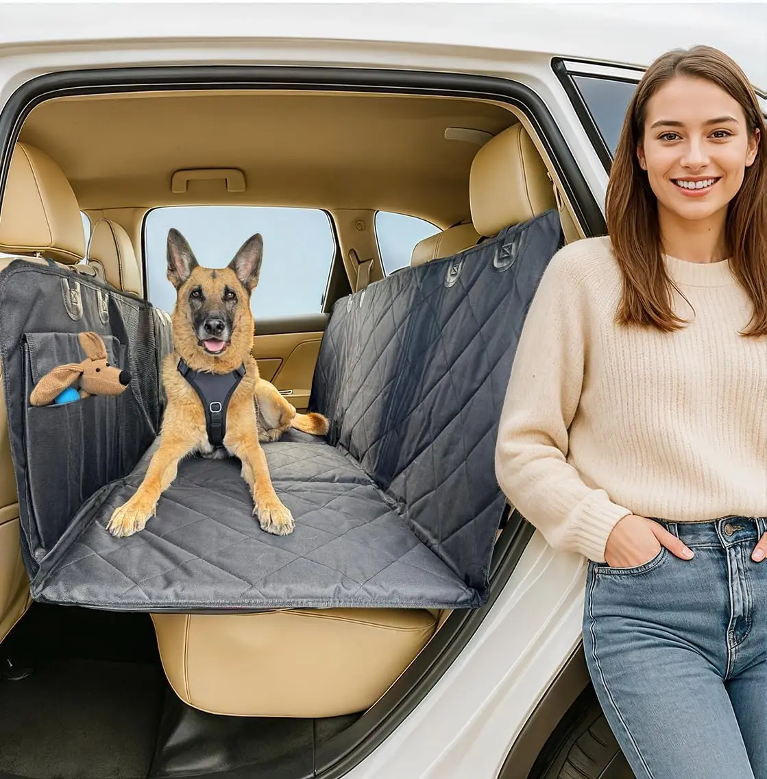 

Waterproof Dog Car Seat Cover with Hard Bottom, Mesh Window & Storage - Black, No Door Covers