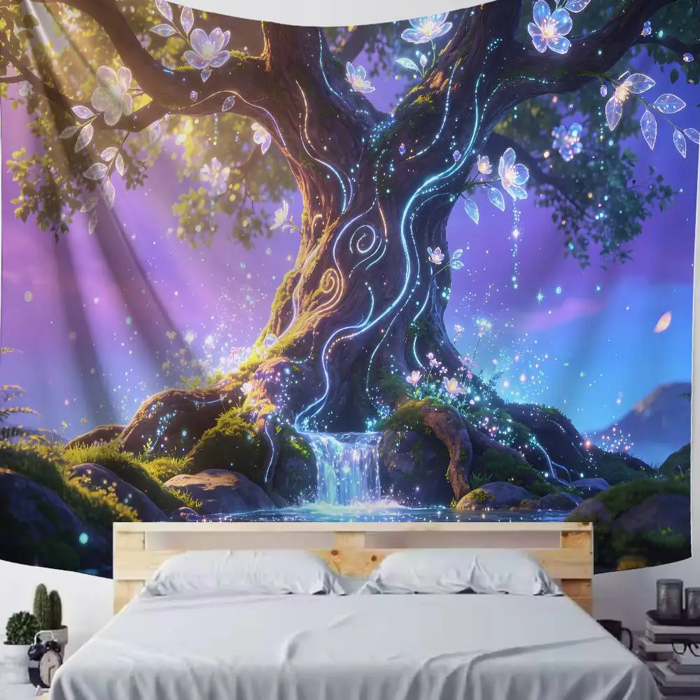 Fantasy Forest Tree Tapestry Crystal Sunlight Nature Landscape Wall Art for Bedroom Living Room Aesthetic Decor