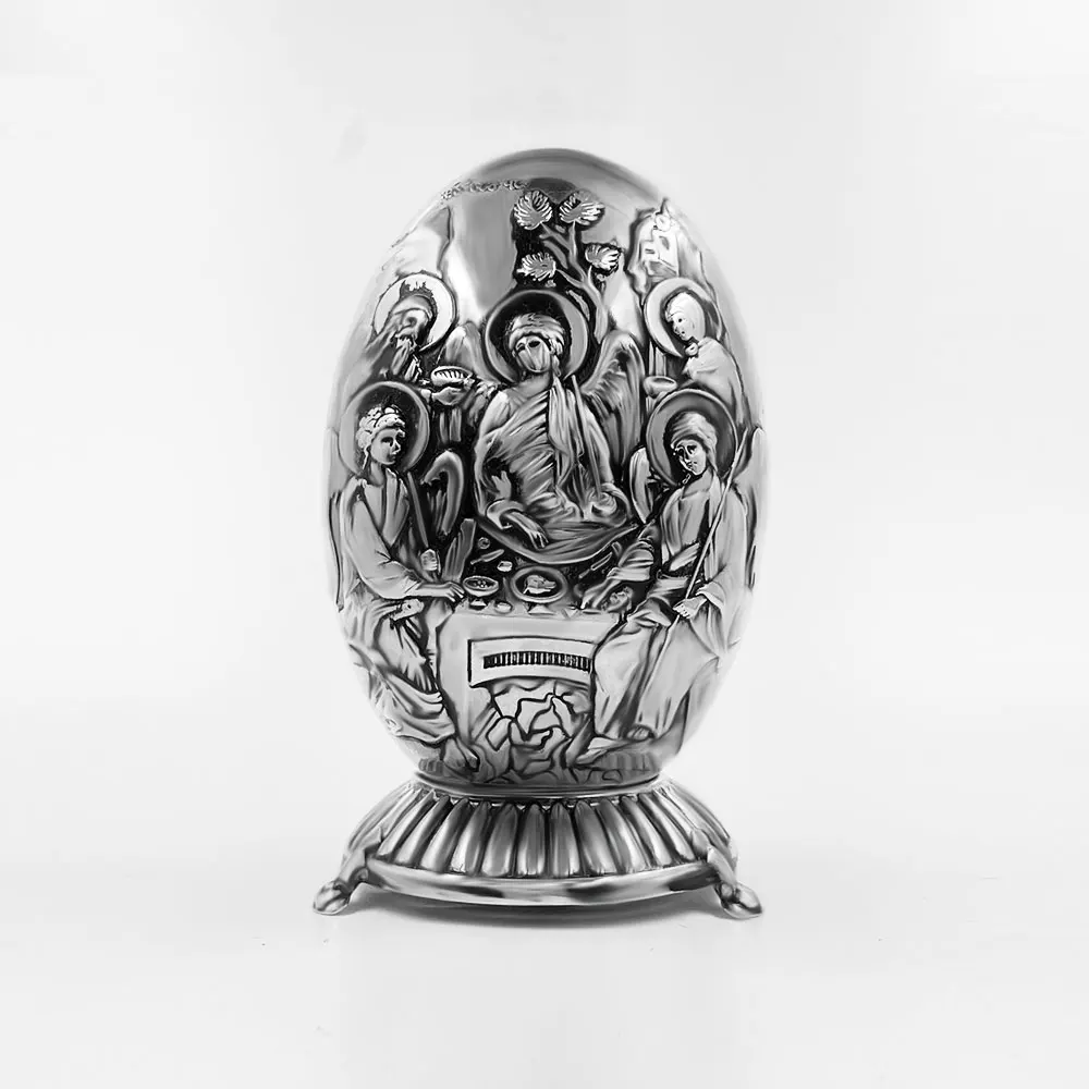 Silver Plated Orthodox Easter Egg with Embossed Religious Icon Scene for Christian Celebration Home Altar Devotion Religious Gif