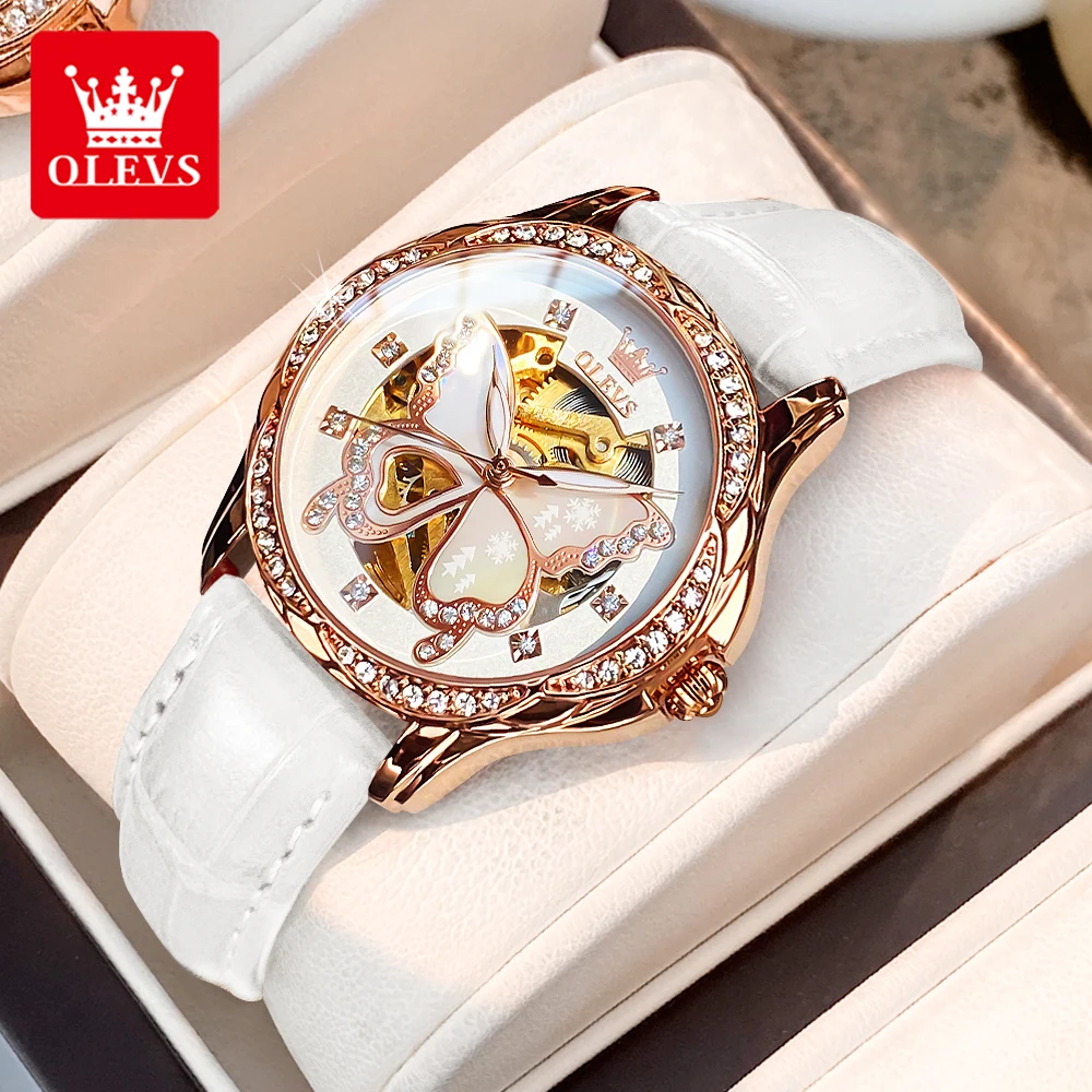 OLEVS 6622 Ladies Automatic Mechanical Watch Hollow Out Butterfly Diamond Dial Leather Strap Luminous Elegant Women's Wristwatch