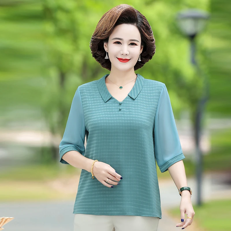 Elegant Mother Blouses Women Pullover Shirts Summer Clothing Solid Half Sleeve V-neck Style Fashion Middle Age Female Tops 2023