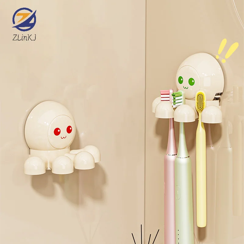 1pcs Bathroom Wall-mounted Octopus Shape Toothbrush Holder Cream Wind Non-punching Toilet Toothbrush Rack