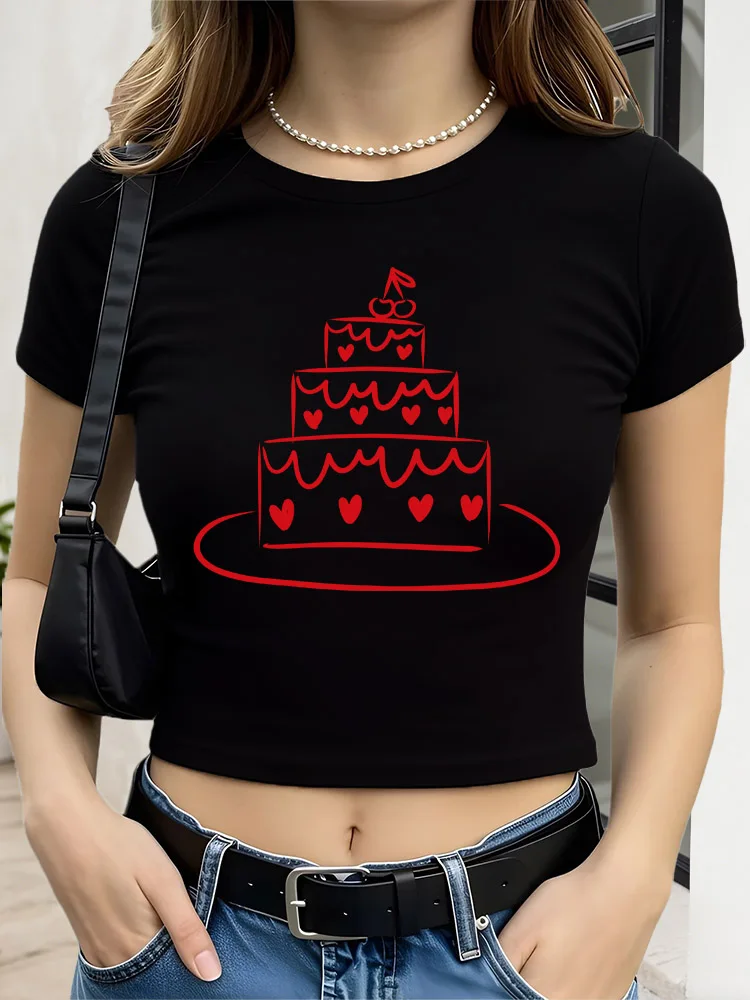 

A Three-Layer Loving Cake Women Graphic Crop Top Black Short Sleeve Slim Fit T-Shirt Basic Spring Summer Top