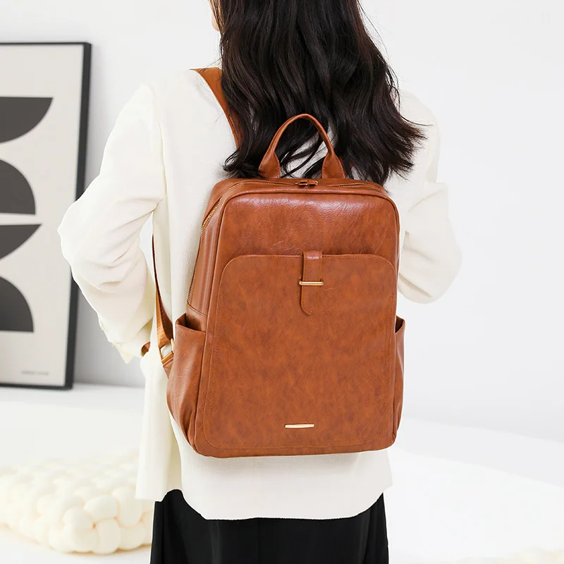 New Multifunctional Women\'s Backpack Simple Neutral Waterproof Laptop Bag Retro European Business Shoulder Bag Solid Color PU Ma