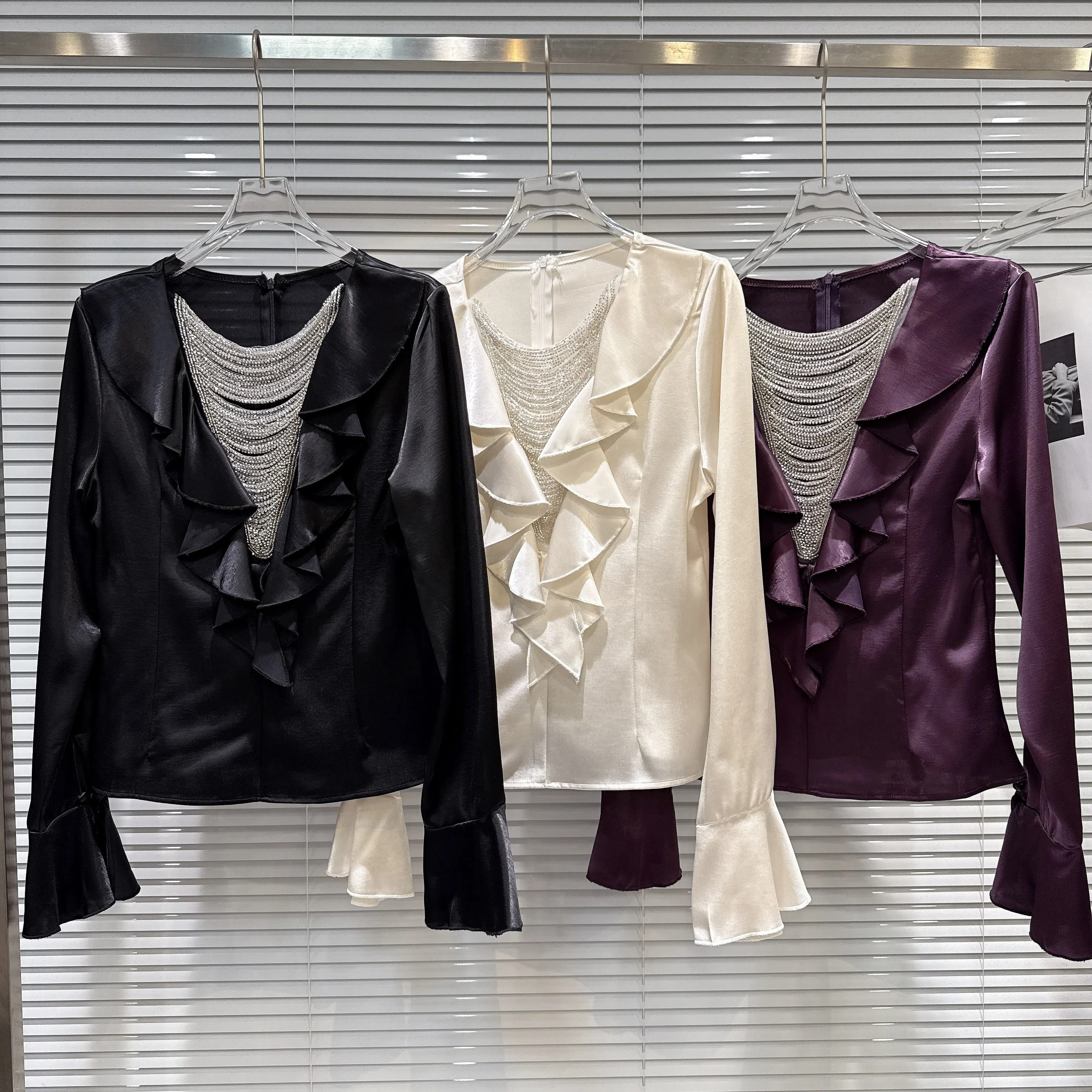 

2026 Spring New Exquisite Socialite Tassel Chain Ruffle Collar Mercerized Cotton Long Sleeve T-Shirt Blouse for Women