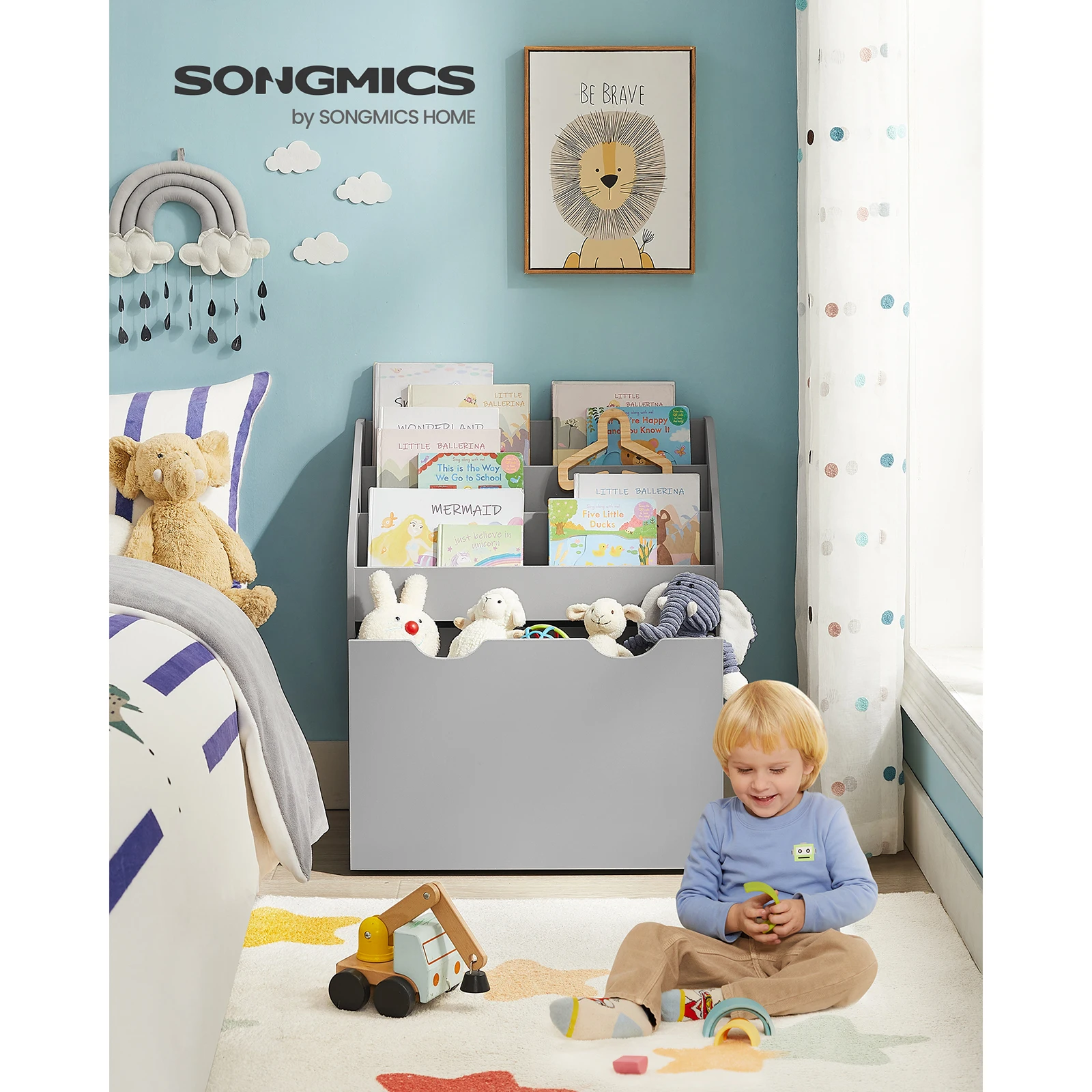 SONGMICS Estantería y organizador de juguetes para niños, cómoda de almacenamiento con 3 estantes, caja con ruedas, multiusos, habitación infantil, sala de juegos
