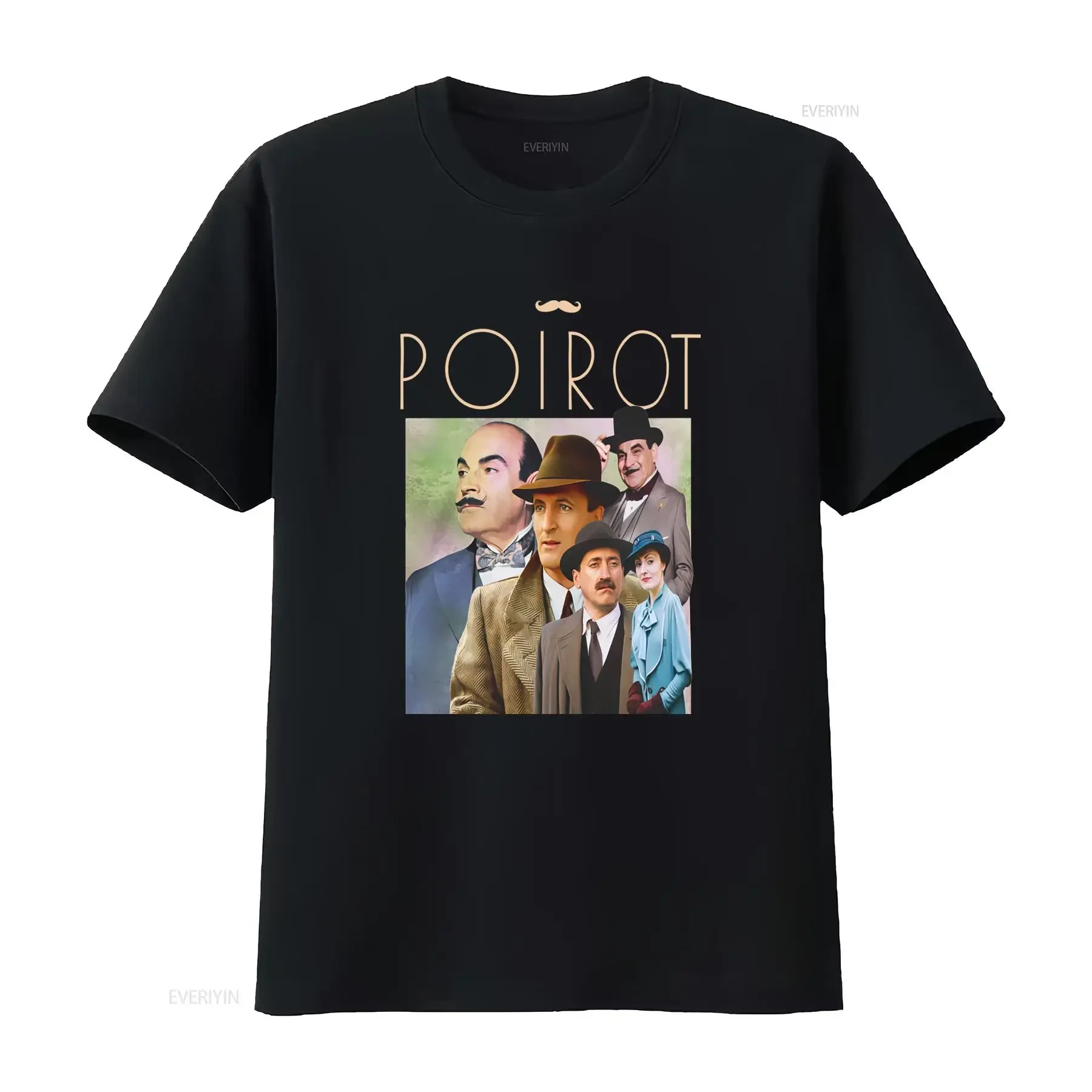 1990's Retro Style Hercule Poirot Detective TV Series Cast Print T Shirt vintage Washed graphic Stretched Casual homme