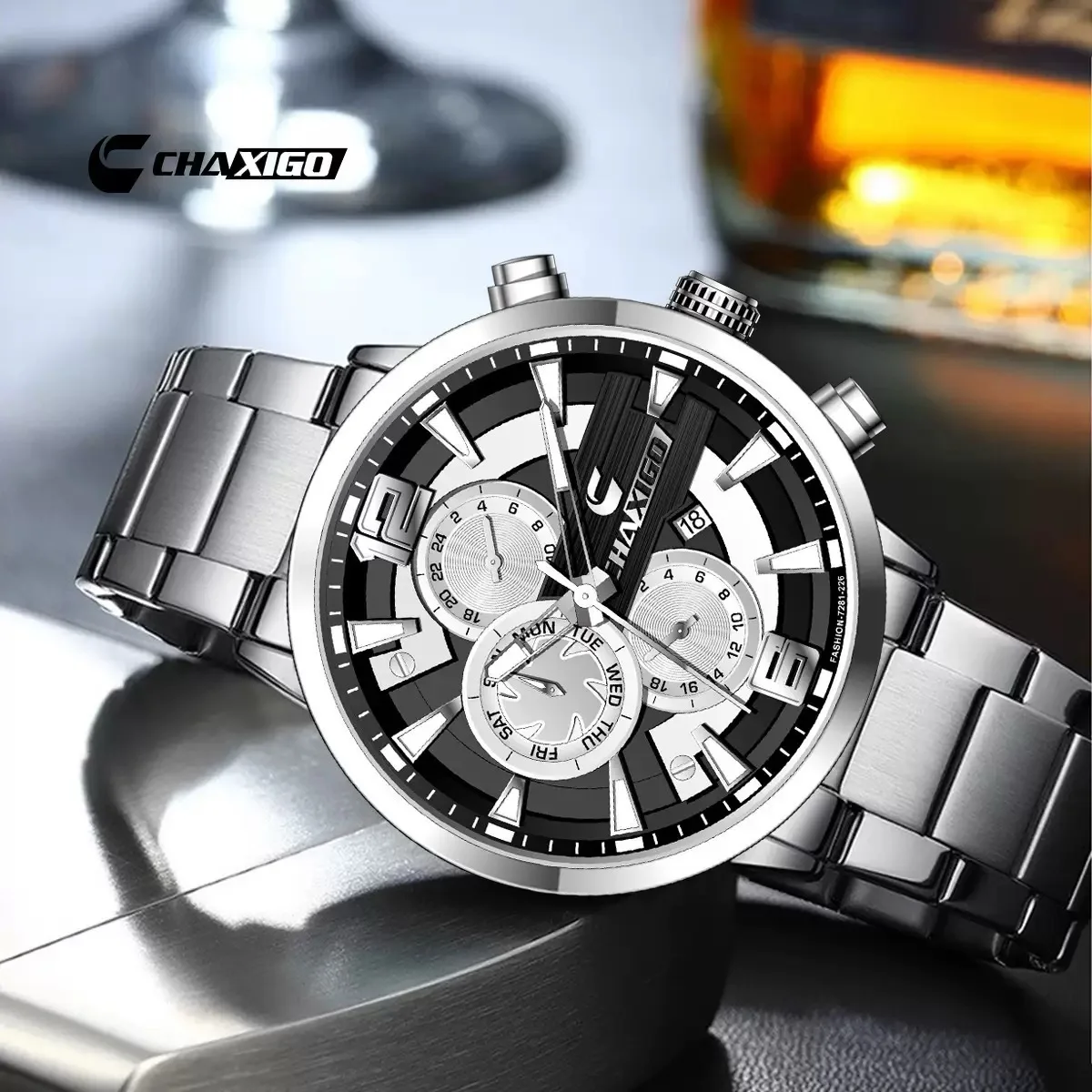 

CHAXIGO Men's Business Casual Stainless Steel Quartz Watch with Sunburst Dial, Luminous Function, 30-meter Water Resistance