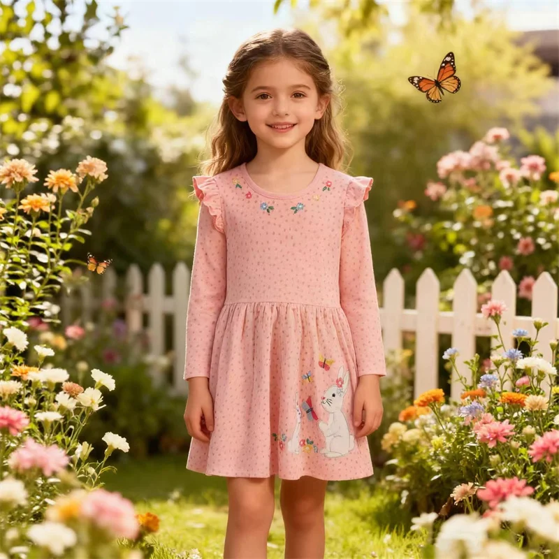 

Jumping Meters Bunny Applique Girls' Long Sleeve Dress Autumn Spring Kids' Clothing Animal Embroidery Children's Dress