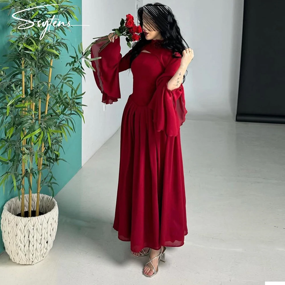 Red A-line Chiffon Formal Occasion Evening Dresses High Neck vestidos de fiesta Arabic Full Sleeves Dubai Porm Dresses 2 Pieces