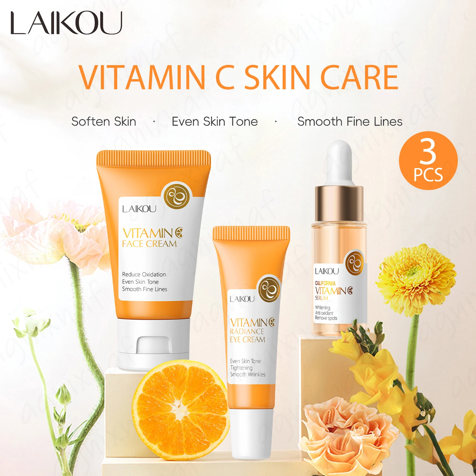 Conjunto de Cuidados com a Pele LAIKOU com Vitamina C, Creme Facial 30g, Sérum 17ml, Creme para Olhos 15g, Hidratante para Rugas, 3 peças