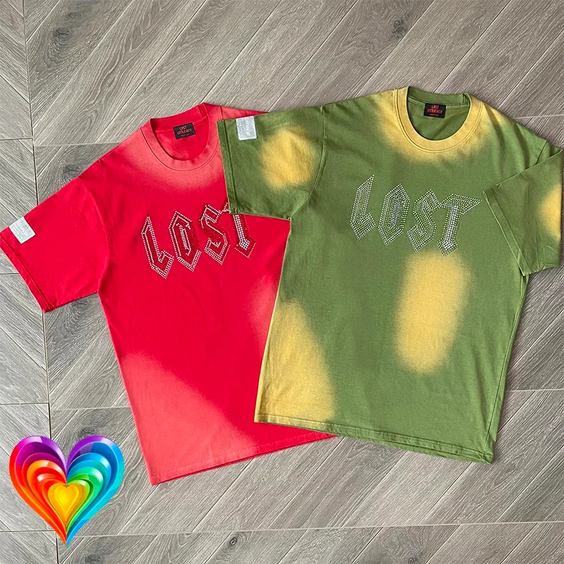 

Tie-dye Lost Intricacy Embroidery Rhinestone T-shirt Red Green Clothes Tee Men Women High Quality High Street Short Sleeve Tops
