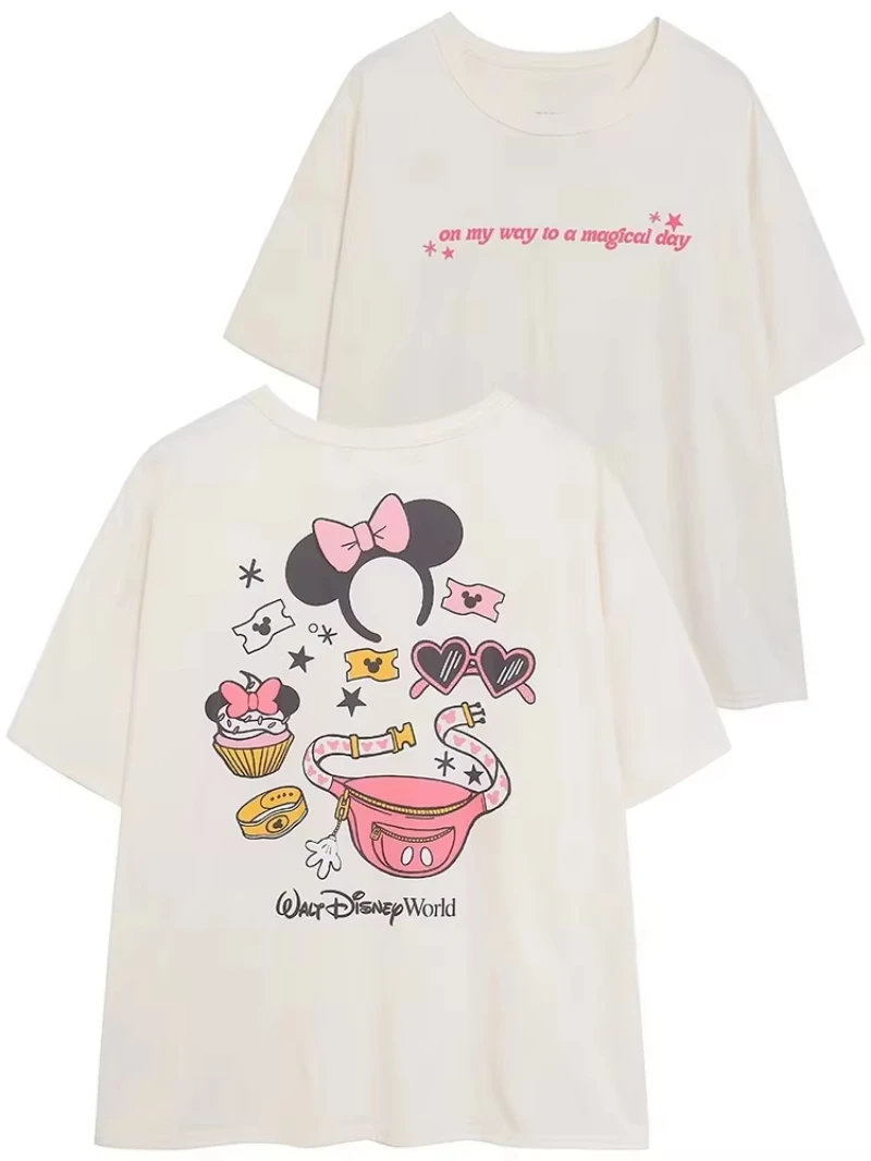 

Miniso Disney World Castle Letter Front Back Minnie Mickey Mouse Cartoon Print Cute Women Short Sleeve Tee O-Neck Pullover Tops