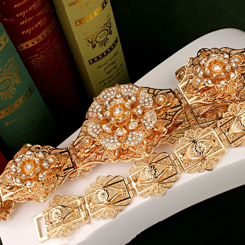 

New Turkish Wedding Belts Gold Plated Rhinestone Flower Festival Accessories Ethnic Bride Body Jewelry Caftan Robe Wasit Chain