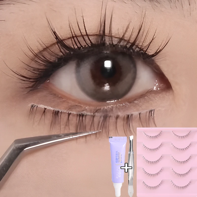 Ensemble de cils inférieurs manga naturels, tiges transparentes douces et moelleuses, extension de cils faite à la main, outils de maquillage cosmétiques, 5 paires