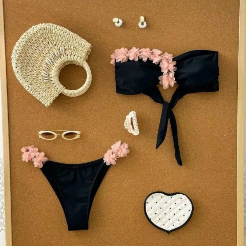 Sexy 3D Flower Bandeau Bikini Push Up Swimwear Women Bikinis Bandage 2 Piece Swimsuit Bathing Suit Biquini Maillot De Bain Femme