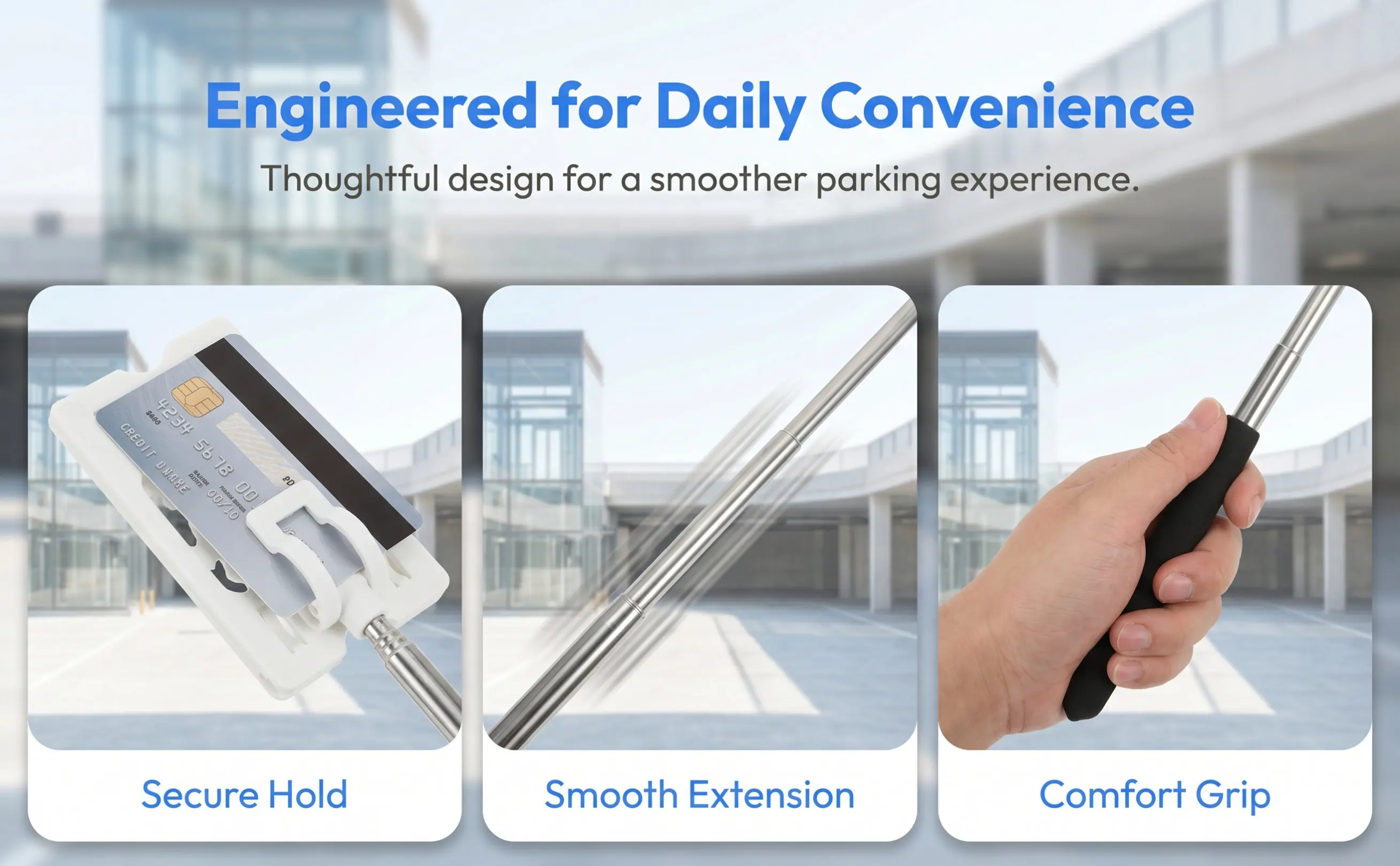 Parking Toll Swiping Rod ABS Stainless Steel Retractable Contactless Card Holder Vehicle Parking Tool Swiping Stick for Easy