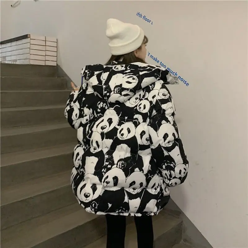 Herbst Winter Parkas koreanische lose Frauen Panda Muster dicken Reiß verschluss volle Winterkleid ung Frauen "Blick aus dem Panda"