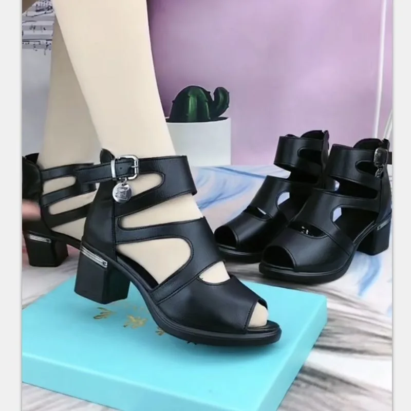 

Comfortable Roman Sandal Women's Soft Leather Summer 2024 New Fashion Shoes Outside Wear Thick High Heels Hollow Out Ankle Boots