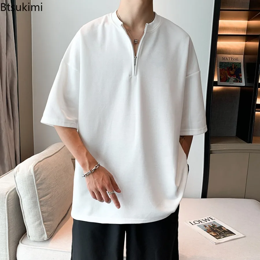 

New 2025 Men's Summer Short Sleeved T-shirt Loose Five Quarter Sleeve Tops Trendy Versatile Solid Color Simple Casual T-shirt