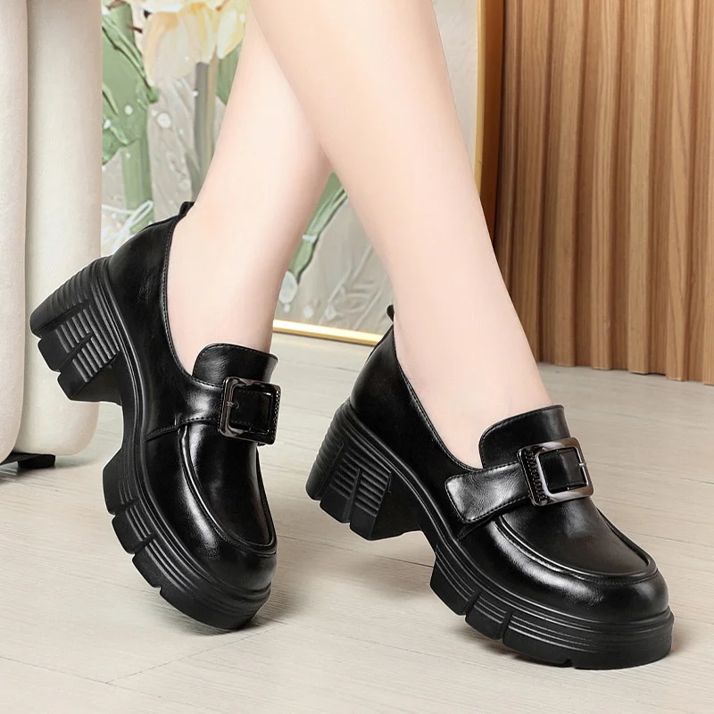 Fashionable Comfortable Thick-Soled Loafers For Women's British Style Spring New Jk Leather Shoes 6cm High-Rise Shoes High Heels