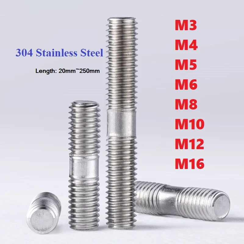 M3 M4 M5 M6 M8 M10 M12 M16 304 Stainless Steel Double End Thread Rod Double End Bolts Stud Bolt Tooth Stick Dual Head Thread Bar