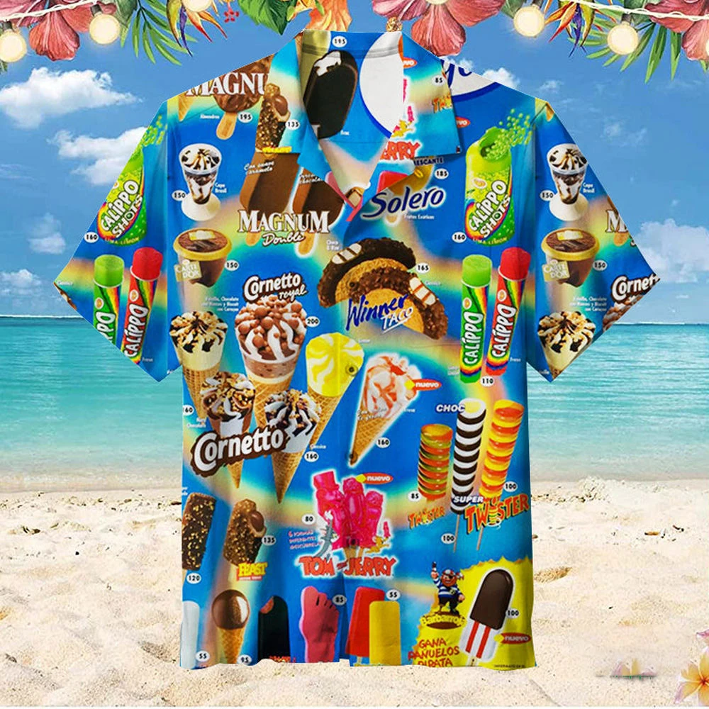 Camisa de manga curta com estampa havaiana de sorvete masculina, tops casuais, design original, roupas masculinas, verão, 2022