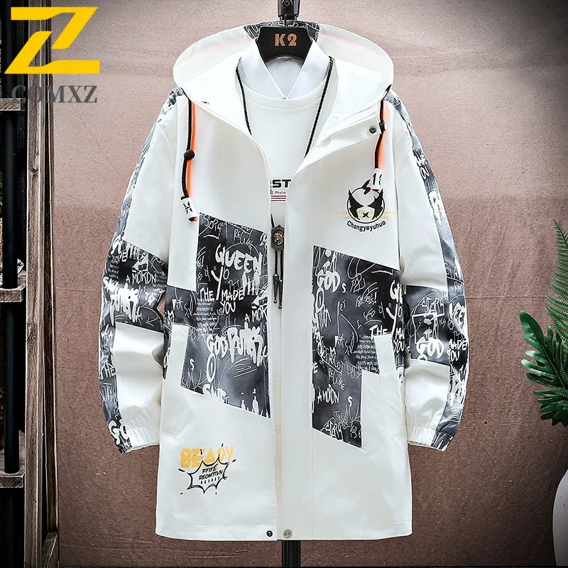 

COMXZ Spring Autumn Trendy Hong Kong Style Japanese Ins Youth Street Fashion Longline Hooded Jacket Men Casual Coat windbreaker