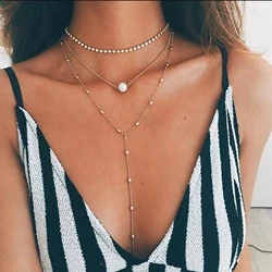 Minimalist Multilayer Long Tassel Pearls Pendant Necklace for Women Girls Party Gold/Silver Plated Chain Neck Jewelry Gifts