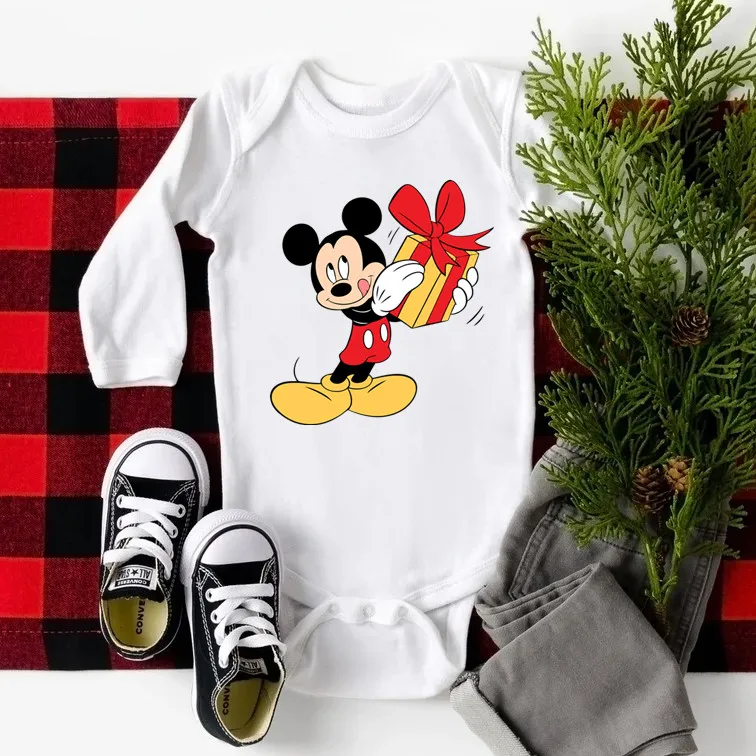 جميل عيد الميلاد ميكي ماوس الطفل ارتداءها طويلة الأكمام القطن الأبيض الخريف الملابس الوليد بذلة