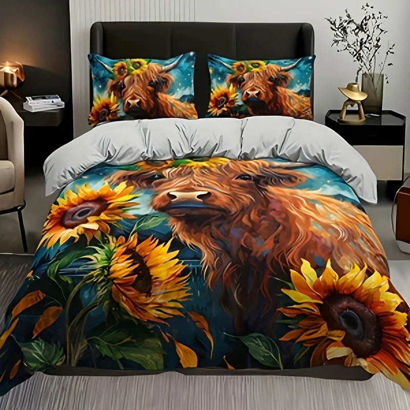 Colorful Animal Series Duvet Cover Set - Country Pastoral Style Floral Sunflower Digital Print 3pcs Bedding Set