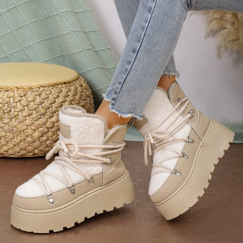 2025 ماركة الشتاء سميكة سوليد عبر التعادل الثلوج الأحذية سميكة منتصف طول الدافئة المرأة الدانتيل يصل تصميم لينة الدافئة أفخم حذاء من الجلد