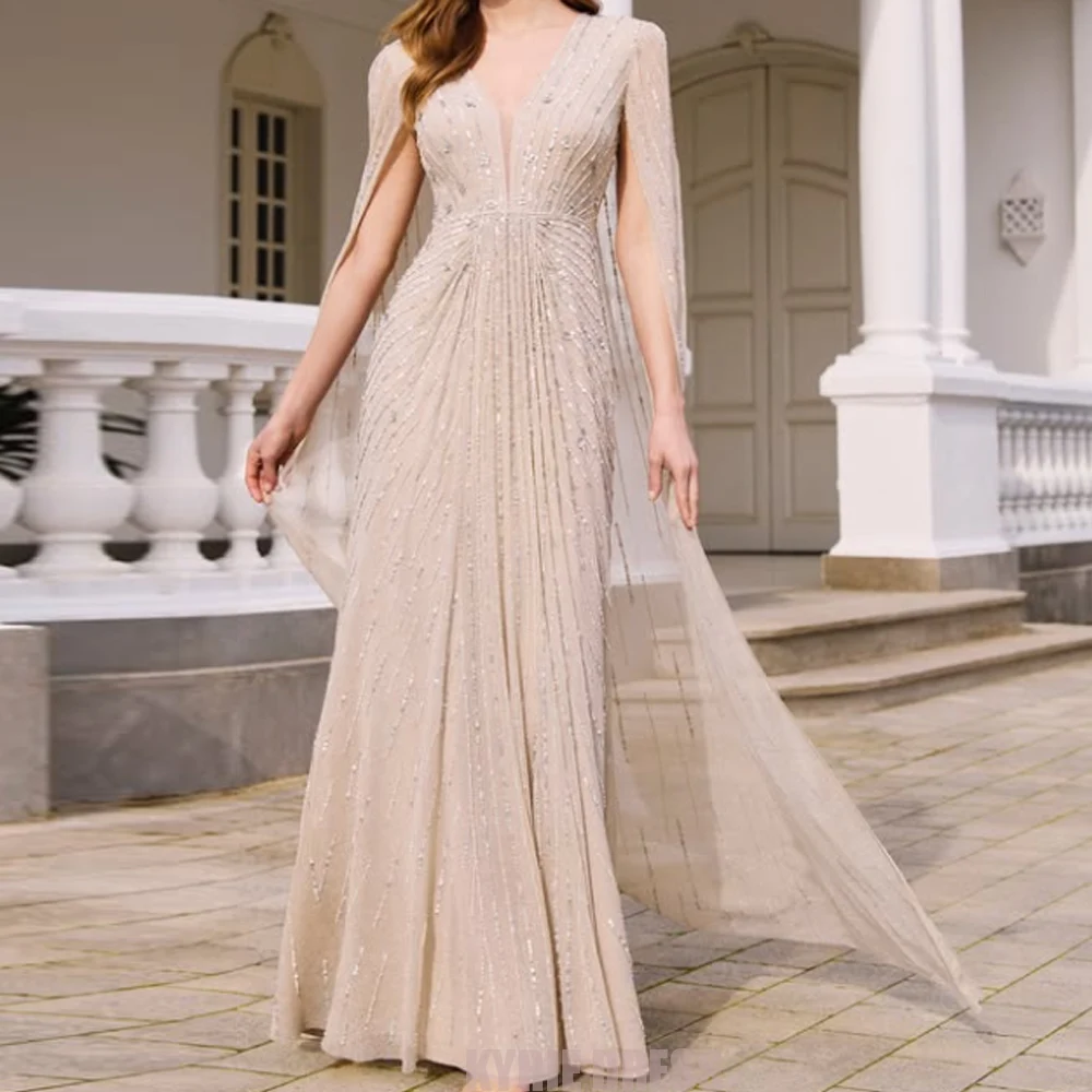 Customized Mother of The Bride Dresses Flowing with Cape V Neck Beading Floor Length A Line Wedding Guest Party Evening Gowns