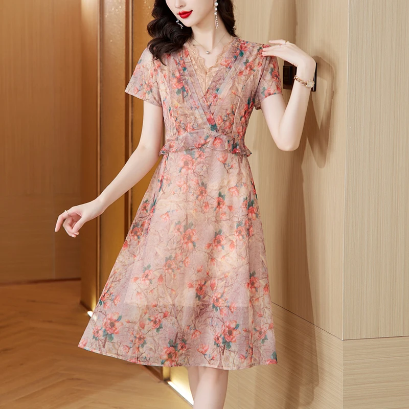 

French Elegant Luxury Printed Dress Summer Fragmented Short Sleeve Dress Women 2023 Loose Fit Casual Vacation Vestidos