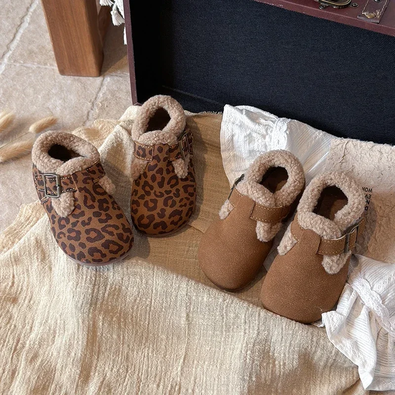 Toddler Warm Fleece‑Lined Winter Shoes, Adjustable Buckle Strap Leopard  Solidc Brown Kids Clog Shoes