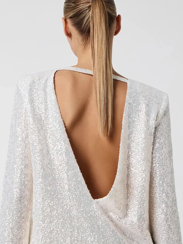 

Shiny Sequin Dress Birthday Party Evening Gown Cluster of Bright Sparkling Stars Long Sleeve Short Skirt round Neckline