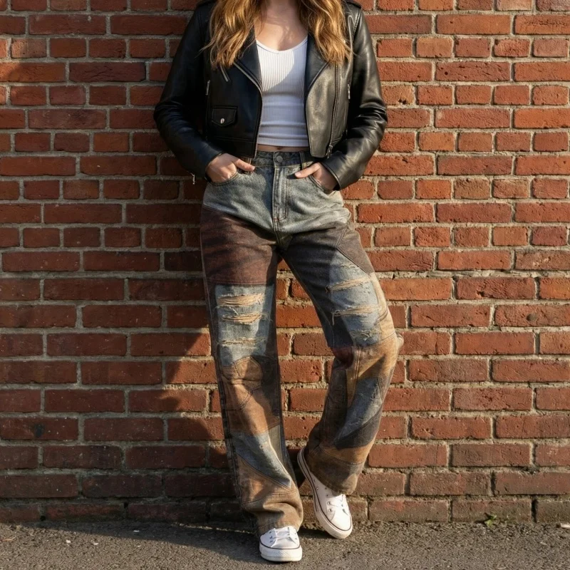 

2026 American Retro Y2K Style Patchwork Blue Baggy Women's Ripped Jeans Pants For Woman Clothing Wide Leg Luxury Denim Trousers