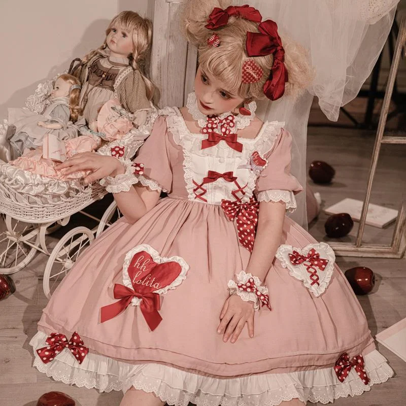 Cute Girl Lolita OP Dress Pink Blue Polka Dot Bow Heart Embellished Lace Dress Summer Girl Kawaii Puff Dress