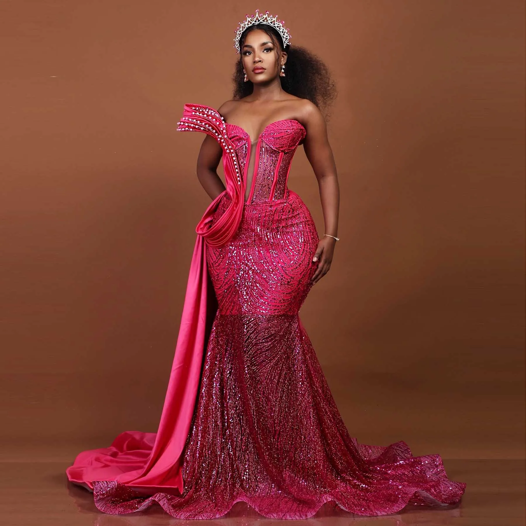 African Wedding Reception Dresses Fuchsia Beaded Lace Birthday Dress Glitter Sequins Crystal Aso Ebi Prom Dresses Formal Gown