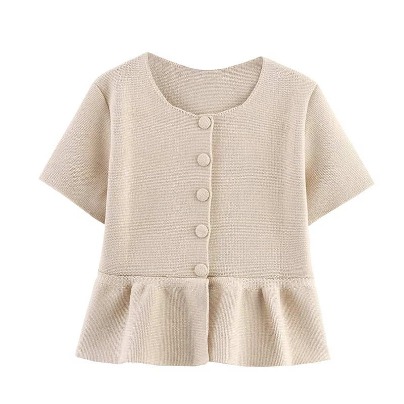 

Autumn O-Neck Short Sleeved Short Skirt Style Knitted Jacket Women Single Breasted Simple Tops Female Casual Wear 2025 New