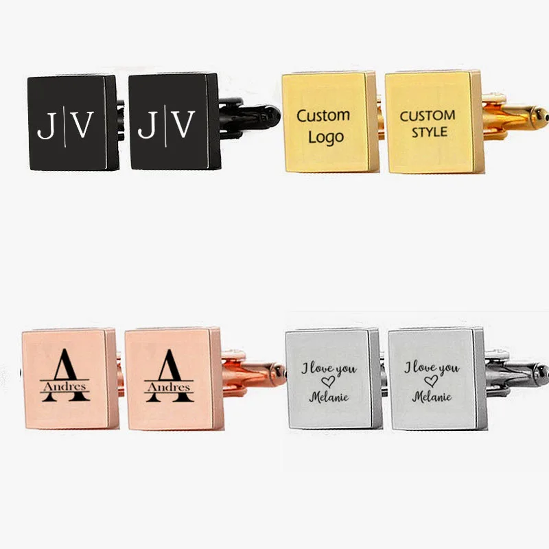 Men's Simple Square Cufflinks Stainless Steel Personalize Engrave Initial for Business Office Wedding Shirts Accessories