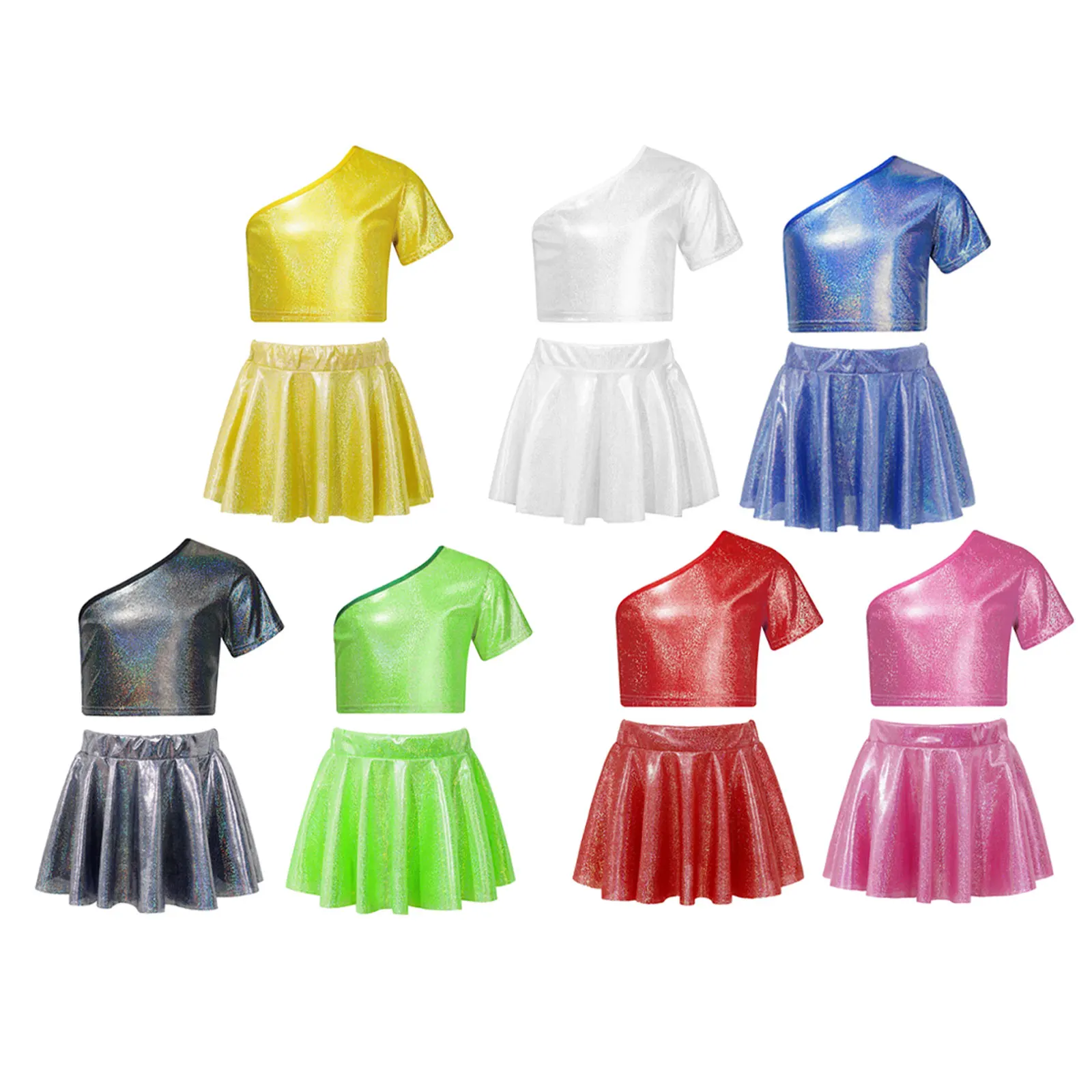 Inhzoy Meisjes Pailletten Top Rok Set - Glitter Dans Outfit Metallic T-shirt Mini Skater Rok - Carnaval Party Danskleding