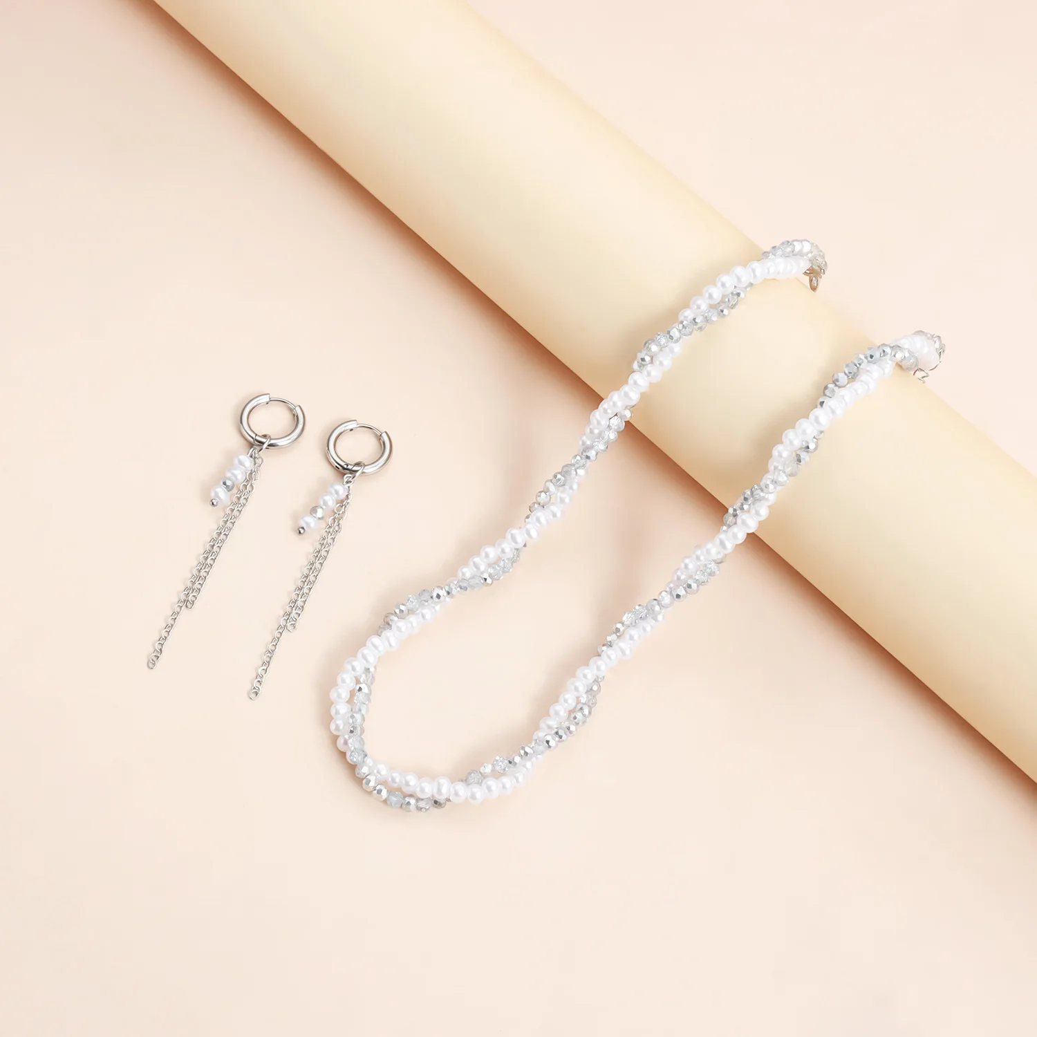 Cross border jewelry pearl crystal wrapped earrings necklace set, niche design, versatile collarbone chain for women