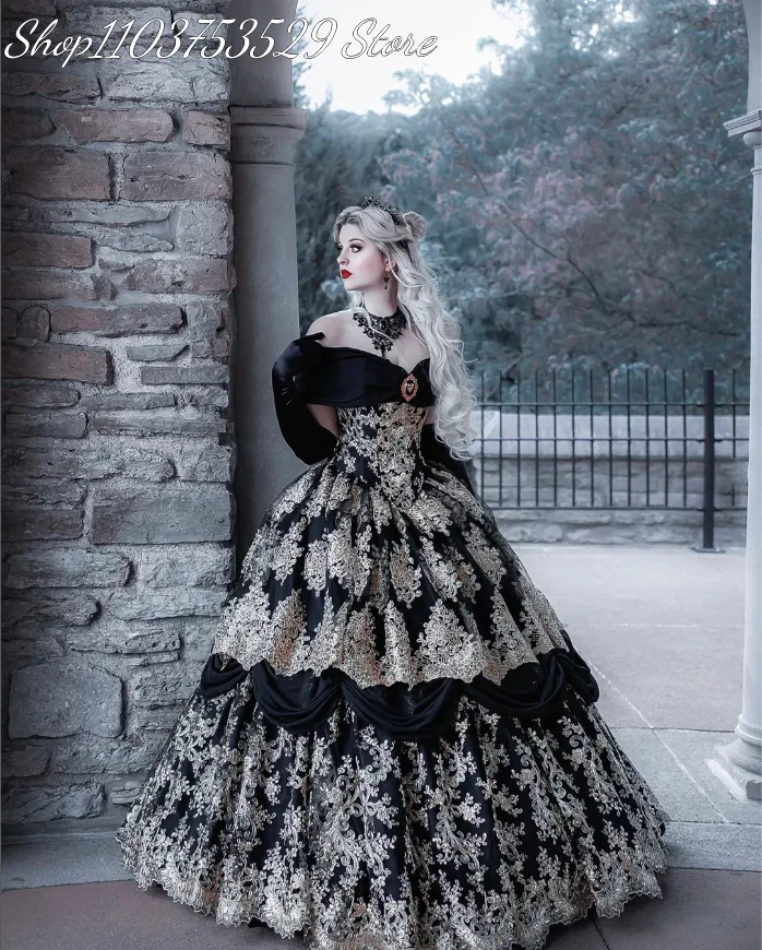 Black Gold Gothic Wedding Vintage Court Ladies Evening Dress Noble Lace Embroidery Fluffy A-line Role Play Princess Dresses