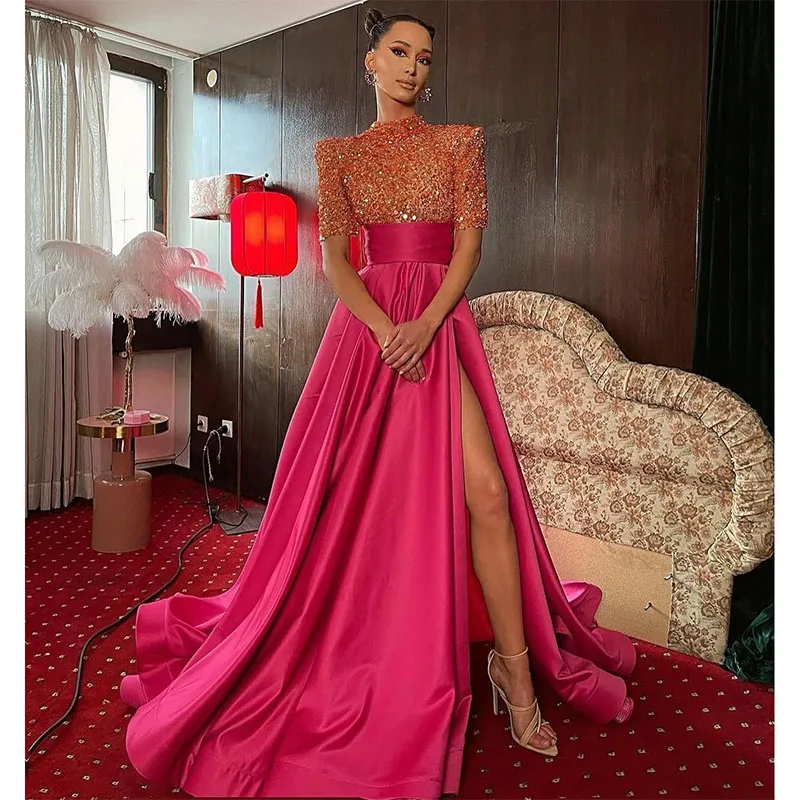 Rosy Pink A Line Prom Dresses Sequins High Neck Evening Dress Sweep Train Formal Split  Long Special Occasions Party dress