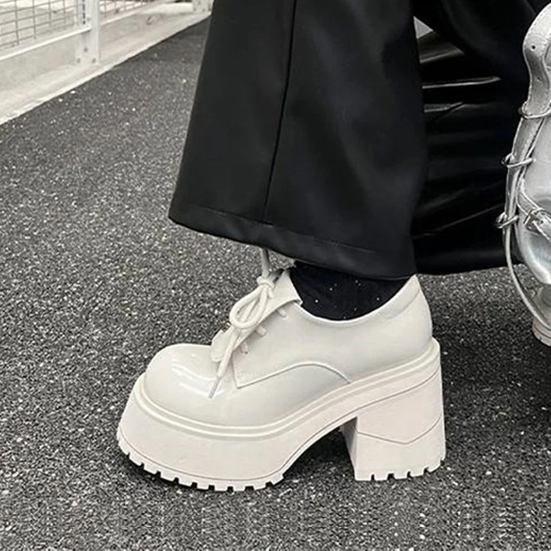 

Cow Leather Thick Bottom Wedges 9cm Super High Spring Casual Shoes Lace Up Platform Chic Elegant Increased Women Pumps AU10