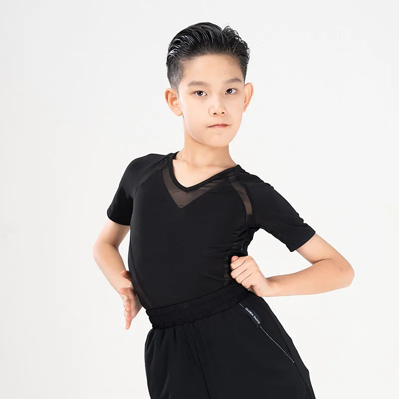 

2026 New Latin Dance Tops For Boys V-Neck Short Sleeved Shirts Chacha Rumba Tango Dress Children Latin Practice Clothes XH4104