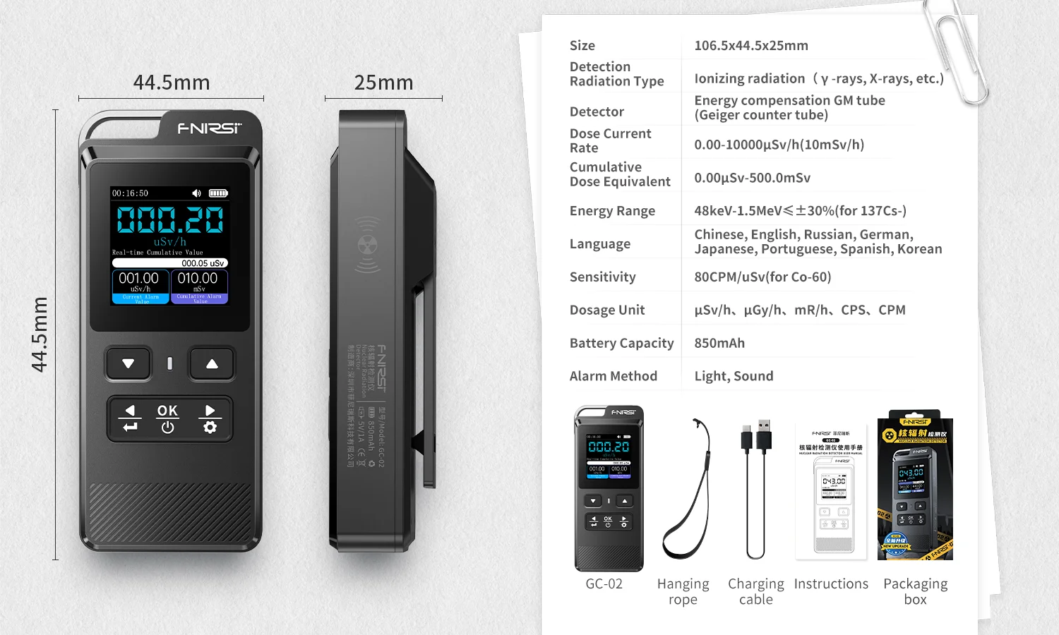 FNIRSI GC-02 Geigerzähler Nuklearer Strahlungsdetektor Röntgen-Beta-Gamma-Detektor Dosimeter Y-Ray β-Ray Radioaktiver Tester – Detail 19