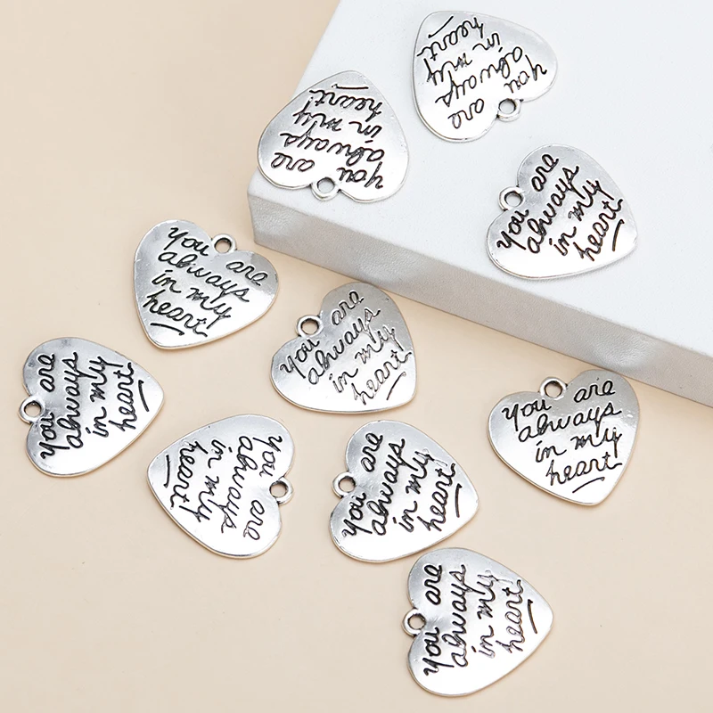 10pcs/lot Silver Color Heart Letter Charms You are always in my heart Pendants DIY Necklace For Jewelry Making Accessories