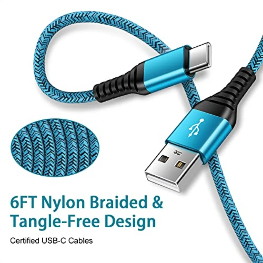 C شاحن الحبل شحن سريع USB نوع C كابل أندرويد كابلات الشاحن 6FT 2 حزمة لسامسونج غالاكسي S25 S24 S23 S22 S21 S20 الترا